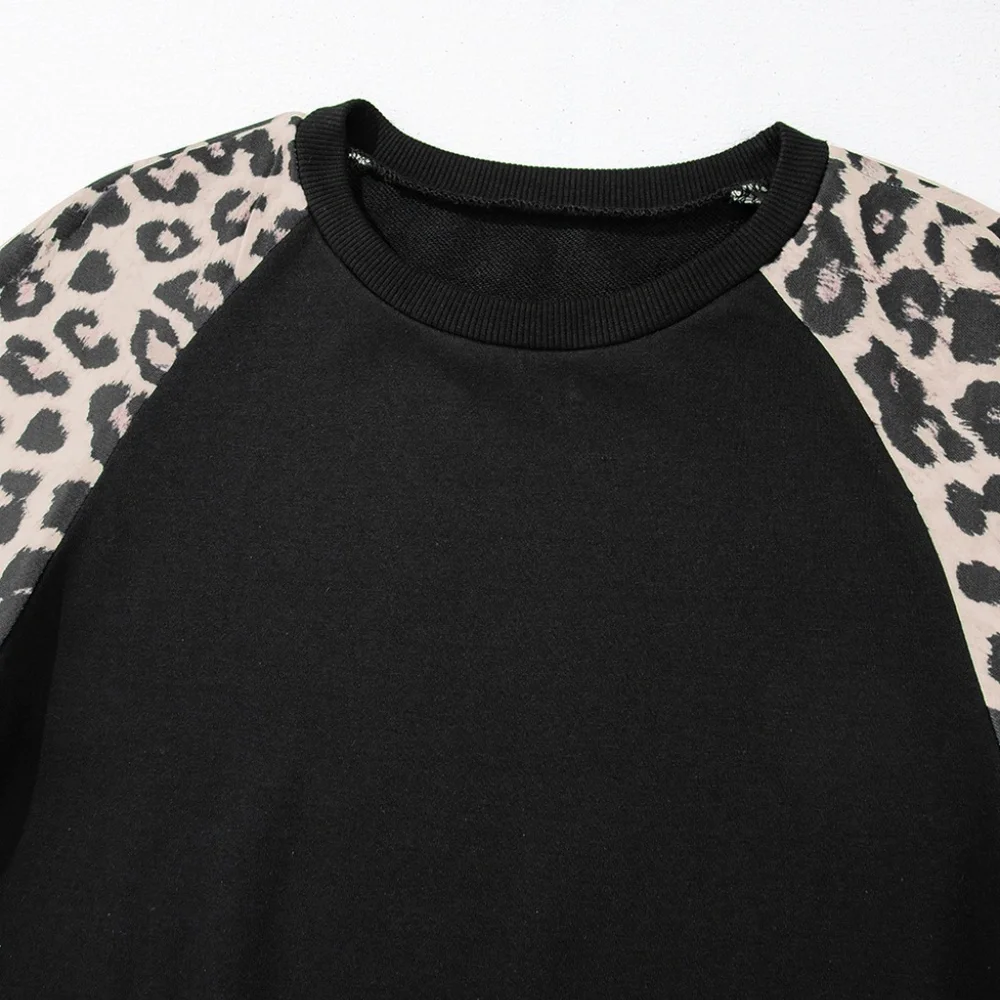 1 MEDIUM LEFT!!! Black Leopard Print Colorblock Raglan Sleeve Sweatshirt - Picture 11 of 14